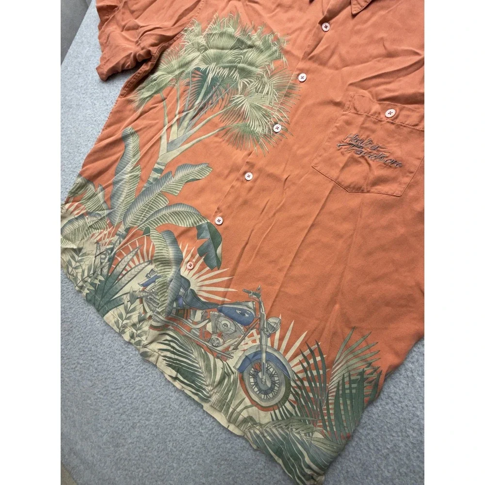 Harley-Davidson Shirt Mens‎ 2XL Orange Silk Hawaiian Motorcycle Tori Richard